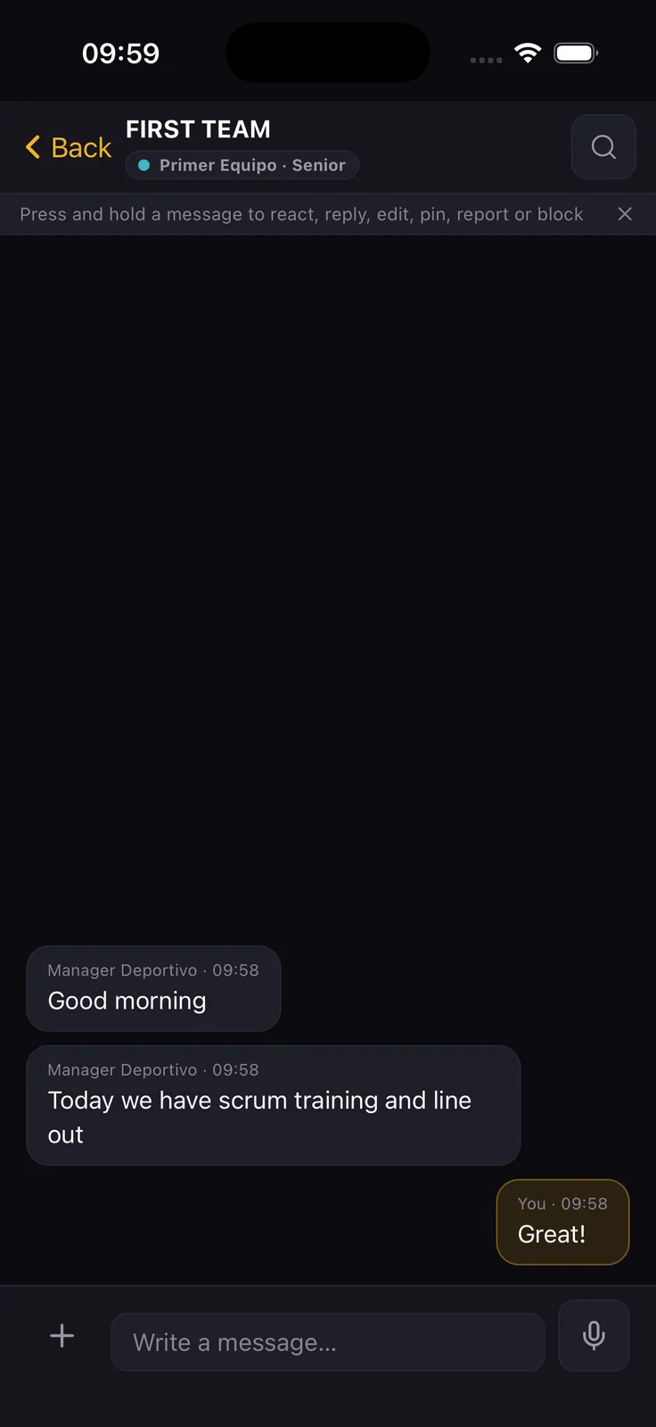Team chat in the player app: the first-team group conversation with messages from the staff, a notice that you press and hold a message to react, reply, pin or report, and a message field with attachments and a voice note.