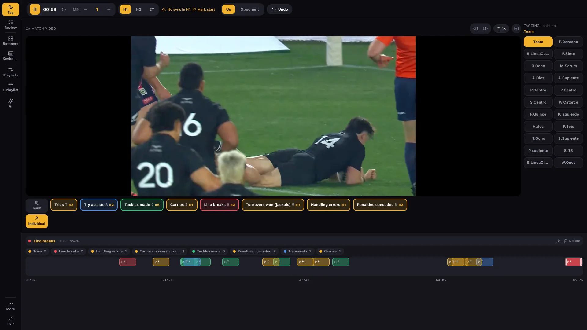 Tag mode in SquadStats video analysis: the match video with a timer, period selector and scoreline; on the left the mode rail (Tag, Review, Button board, Playlists, AI); on the right the squad button board for attributing the action; below, the club’s configurable action buttons with their counters; and at the foot the timeline with clips coloured by category across the 85 minutes.